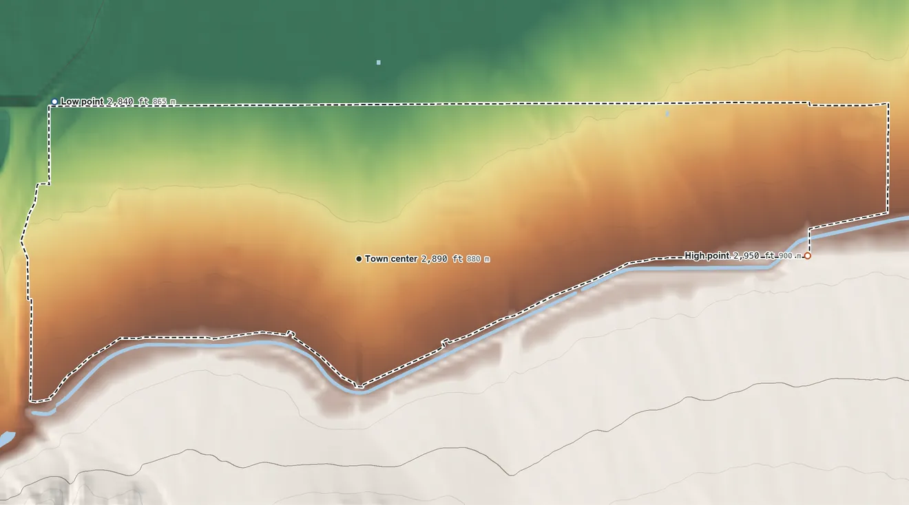 Topographic elevation map of Littlerock, California, shaded from 2,840 ft on the northwest side to 2,950 ft on the east edge, below higher ground just outside