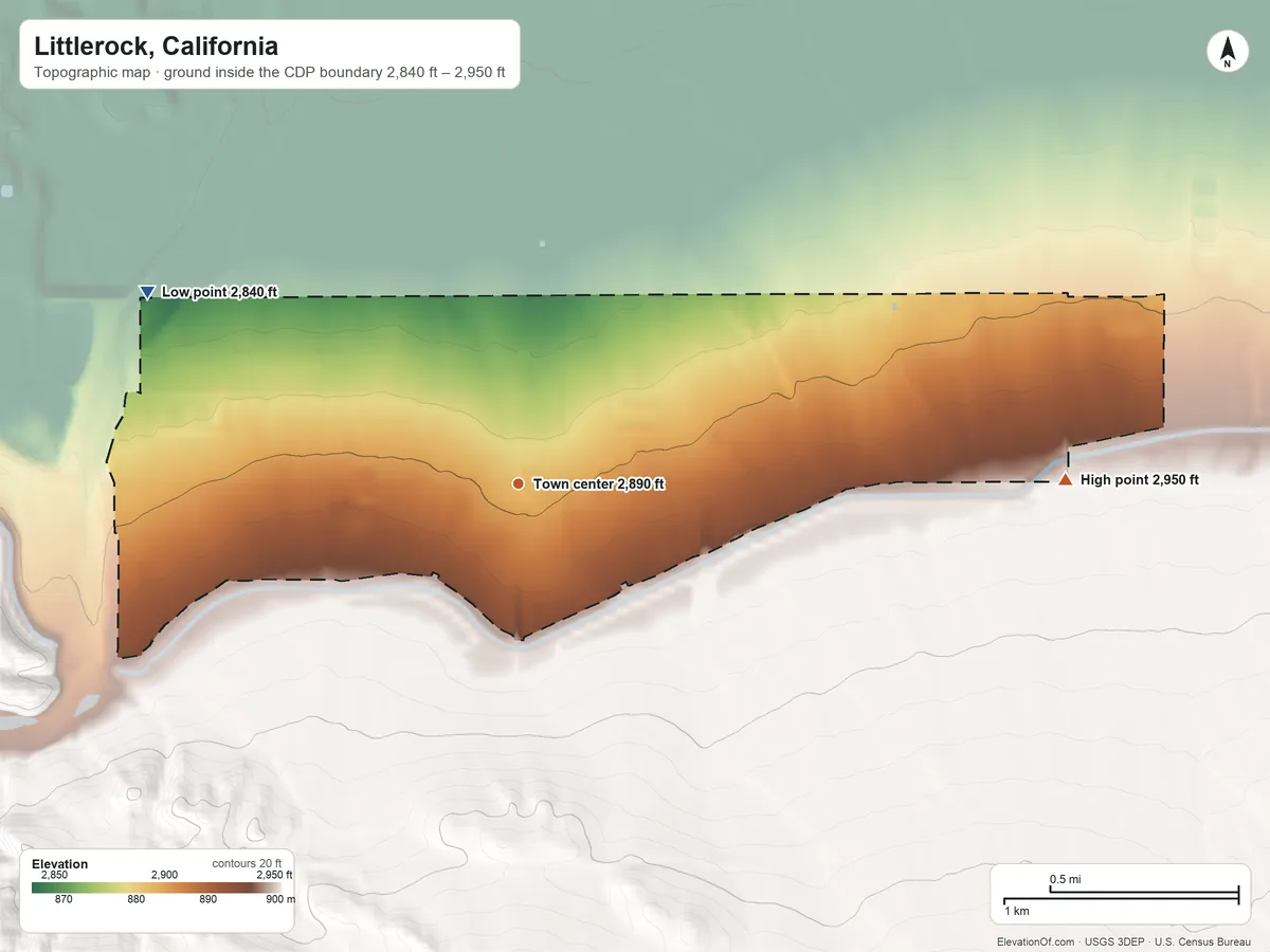 Topographic elevation map of Littlerock, California, shaded from 2,840 ft on the northwest side to 2,950 ft on the east edge, below higher ground just outside