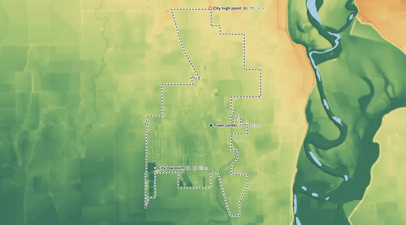 Topographic elevation map of City of Live Oak, California, shaded from 71 ft on the southwest side to 86 ft on the north side