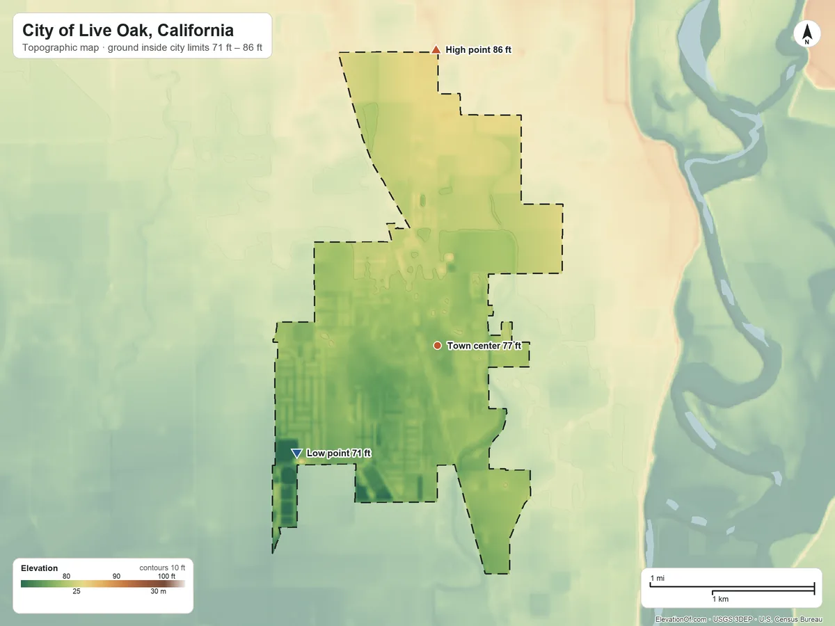 Topographic elevation map of City of Live Oak, California, shaded from 71 ft on the southwest side to 86 ft on the north side