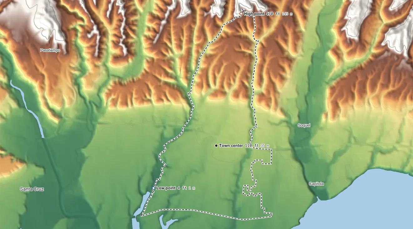Topographic elevation map of Live Oak, California, shaded from 4 ft on the southwest side to 470 ft at the foot of the Sierra Azul