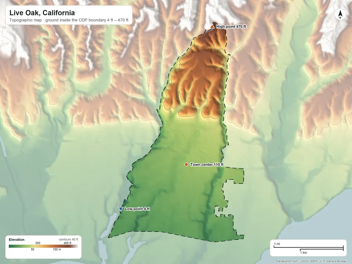 Topographic elevation map of Live Oak, California, shaded from 4 ft on the southwest side to 470 ft at the foot of the Sierra Azul