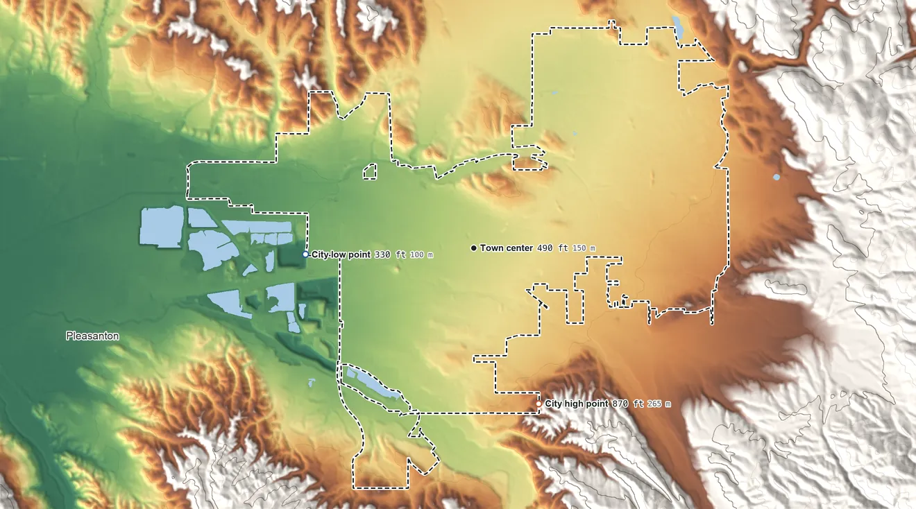 Topographic elevation map of Livermore, California, shaded from 330 ft on the west side to 870 ft on the southeast side