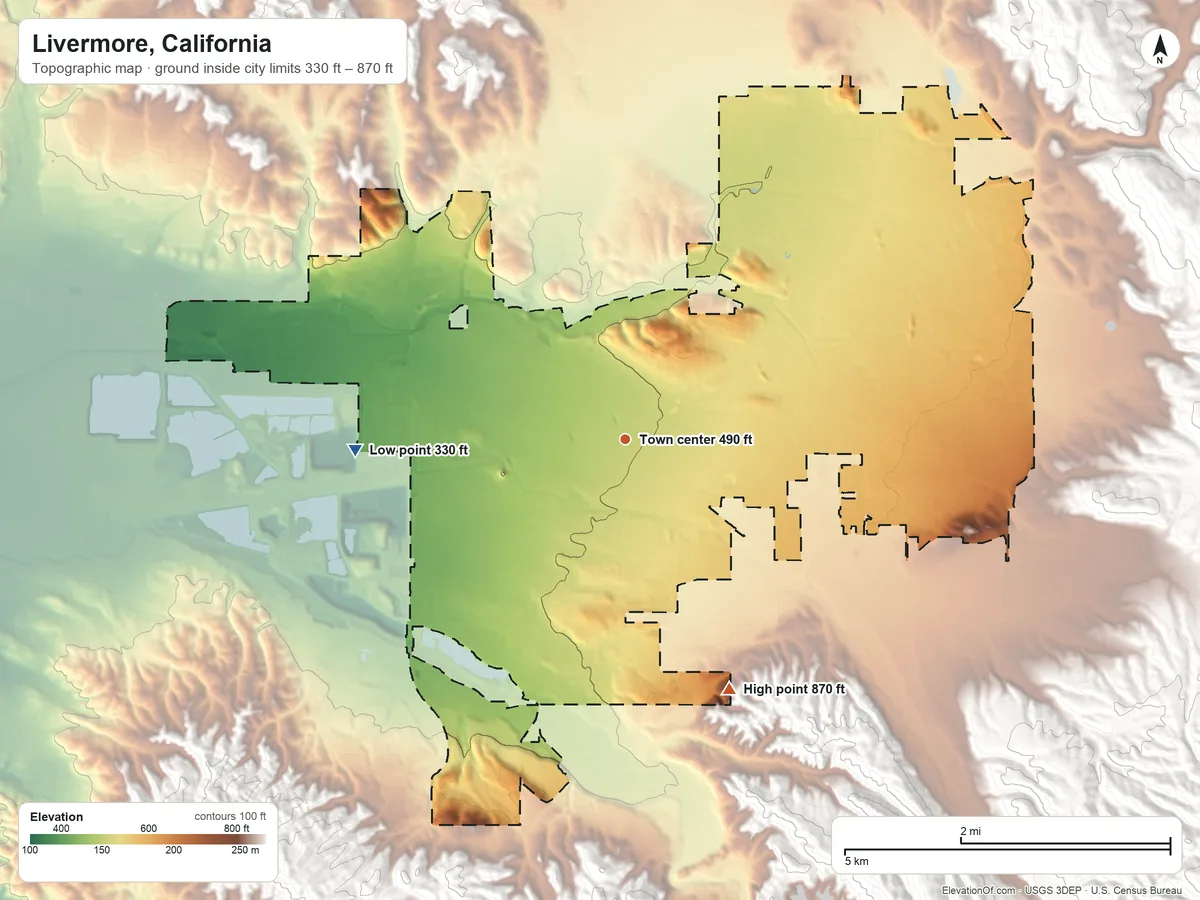 Topographic elevation map of Livermore, California, shaded from 330 ft on the west side to 870 ft on the southeast side