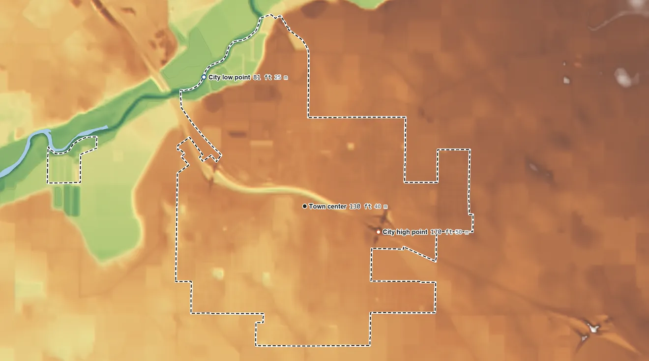 Topographic elevation map of Livingston, California, shaded from 81 ft on the northwest side to 170 ft on the east side