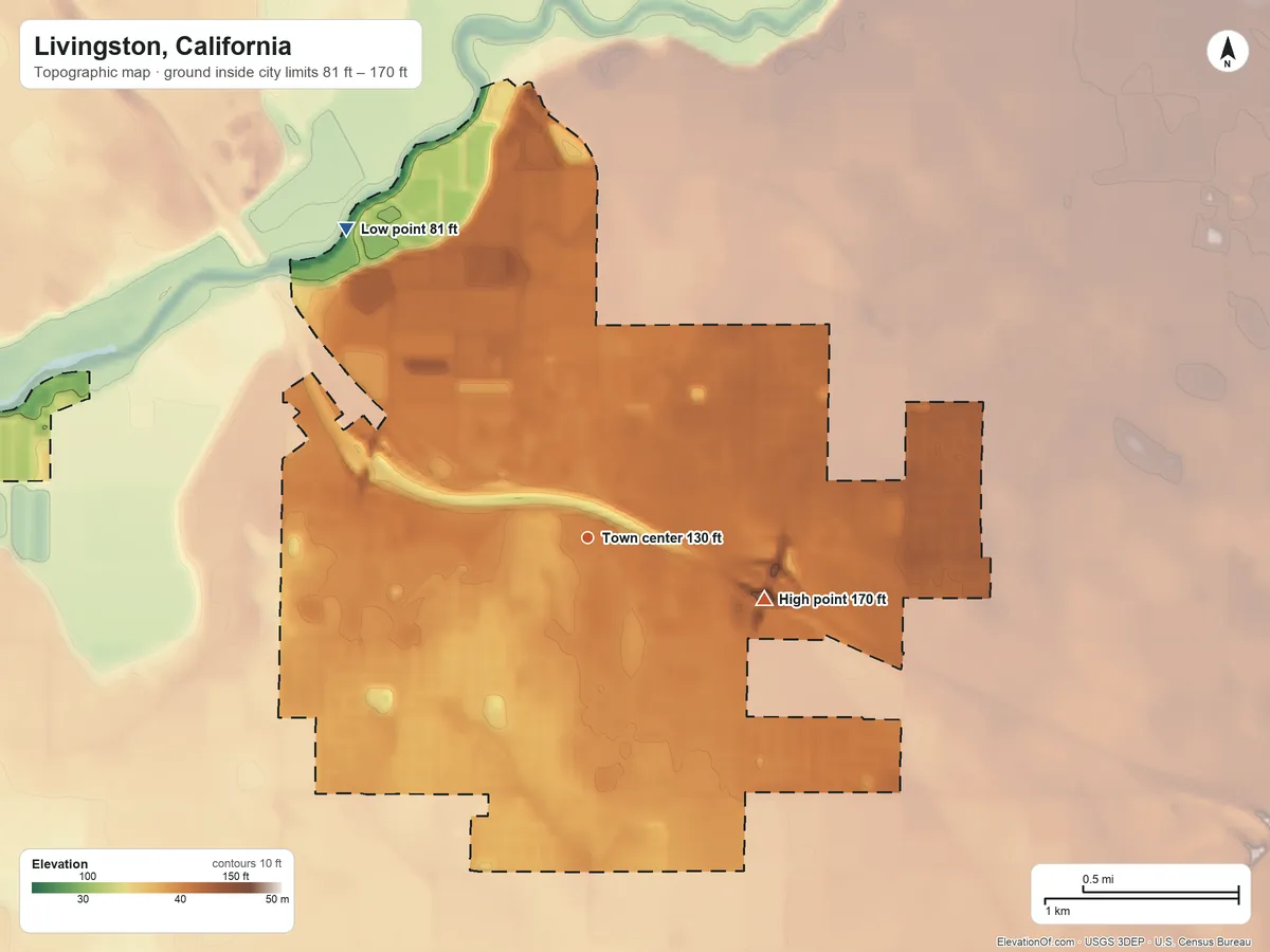 Topographic elevation map of Livingston, California, shaded from 81 ft on the northwest side to 170 ft on the east side
