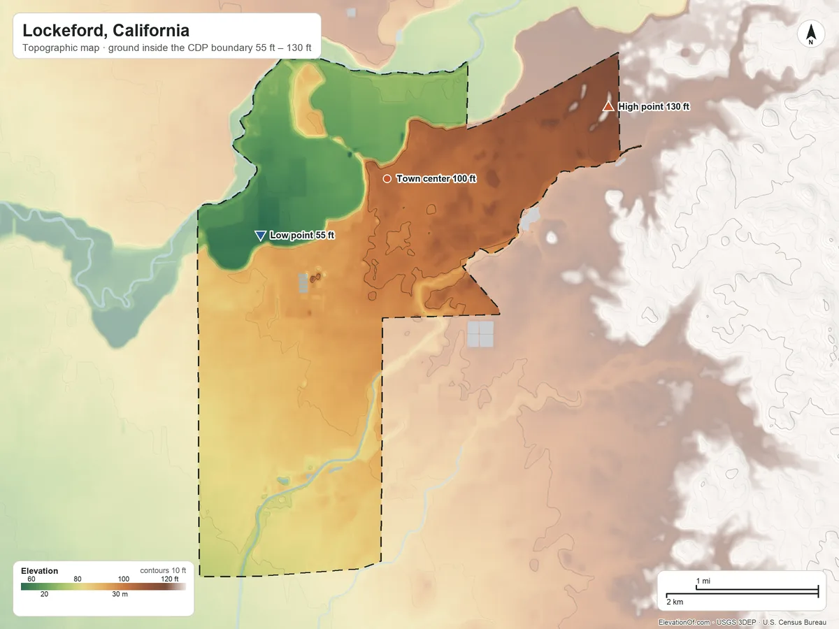 Topographic elevation map of Lockeford, California, shaded from 55 ft on the southwest side to 130 ft on the east side