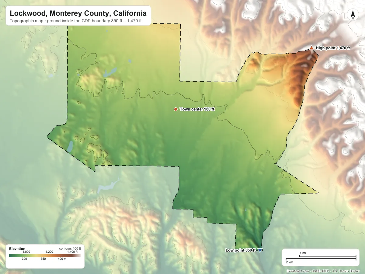 Topographic elevation map of Lockwood, Monterey County, California, shaded from 850 ft on the southeast side to 1,470 ft on the northeast edge, below higher ground just outside