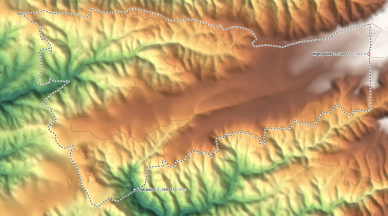 Topographic elevation map of Lockwood, California, shaded from 2,360 ft on the southwest side to 3,500 ft on the east edge, below higher ground just outside