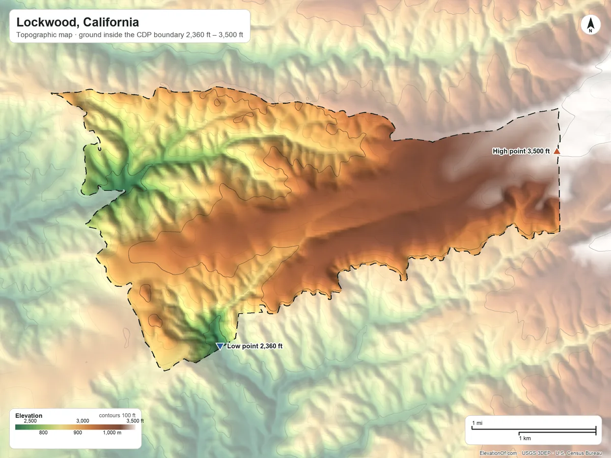 Topographic elevation map of Lockwood, California, shaded from 2,360 ft on the southwest side to 3,500 ft on the east edge, below higher ground just outside
