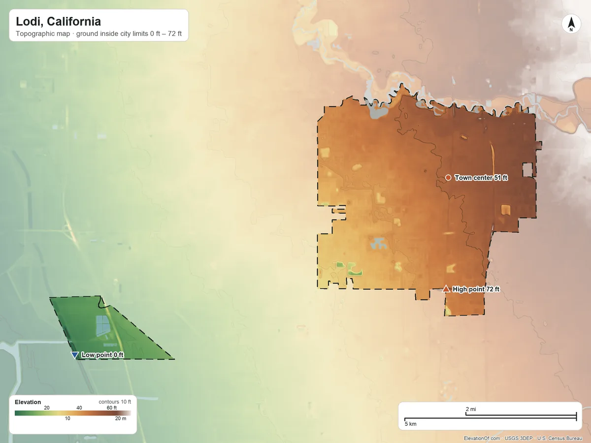 Topographic elevation map of Lodi, California, shaded from 0 ft on the southwest side to 72 ft on the south side
