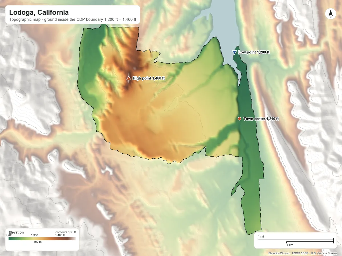Topographic elevation map of Lodoga, California, shaded from 1,200 ft on the north side to 1,460 ft on the west edge, below higher ground just outside