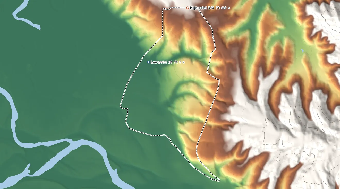 Topographic elevation map of Loleta, California, shaded from 10 ft on the northwest side to 340 ft on the north side