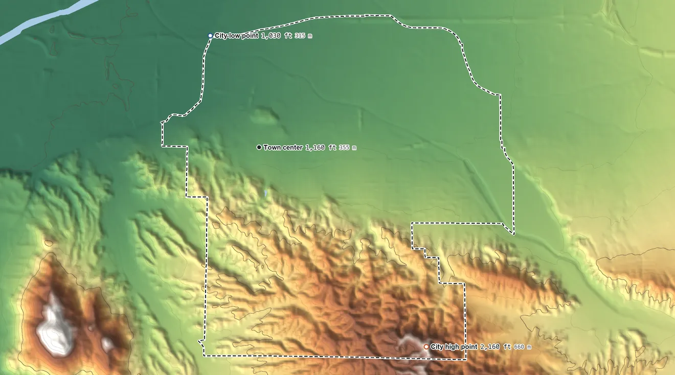 Topographic elevation map of Loma Linda, California, shaded from 1,030 ft on the northwest side to 2,160 ft on the southeast side