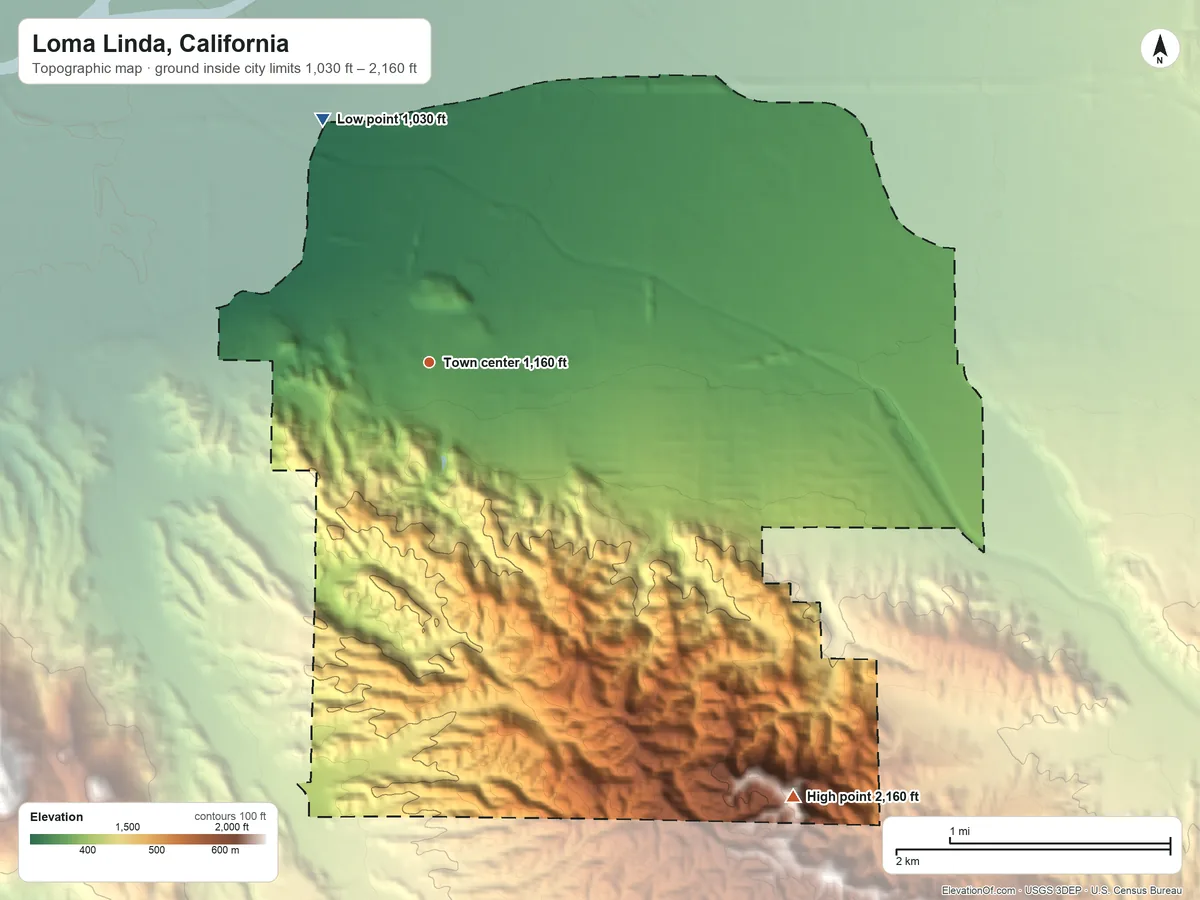 Topographic elevation map of Loma Linda, California, shaded from 1,030 ft on the northwest side to 2,160 ft on the southeast side