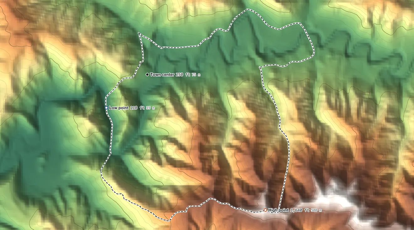 Topographic elevation map of Loma Mar, California, shaded from 110 ft on the southwest side to 1,640 ft on the southeast side