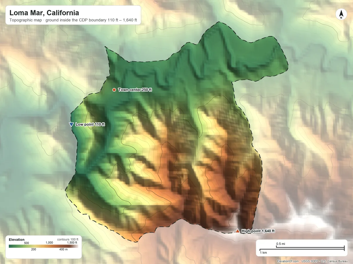 Topographic elevation map of Loma Mar, California, shaded from 110 ft on the southwest side to 1,640 ft on the southeast side