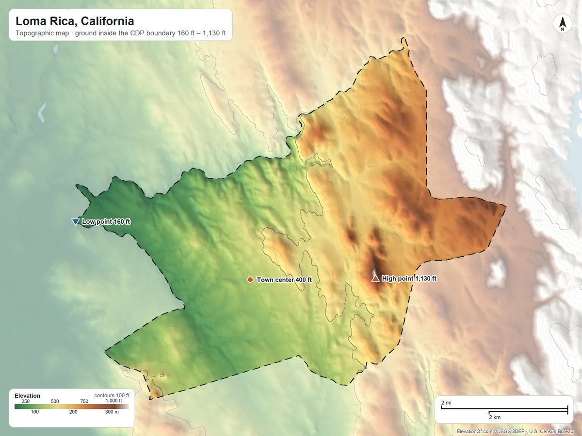 Topographic elevation map of Loma Rica, California, shaded from 160 ft on the west side to 1,130 ft on Paynes Peak