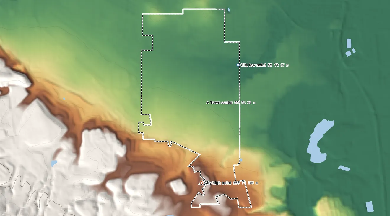 Topographic elevation map of Lomita, California, shaded from 55 ft on the northeast side to 350 ft at the foot of the Palos Verdes Hills