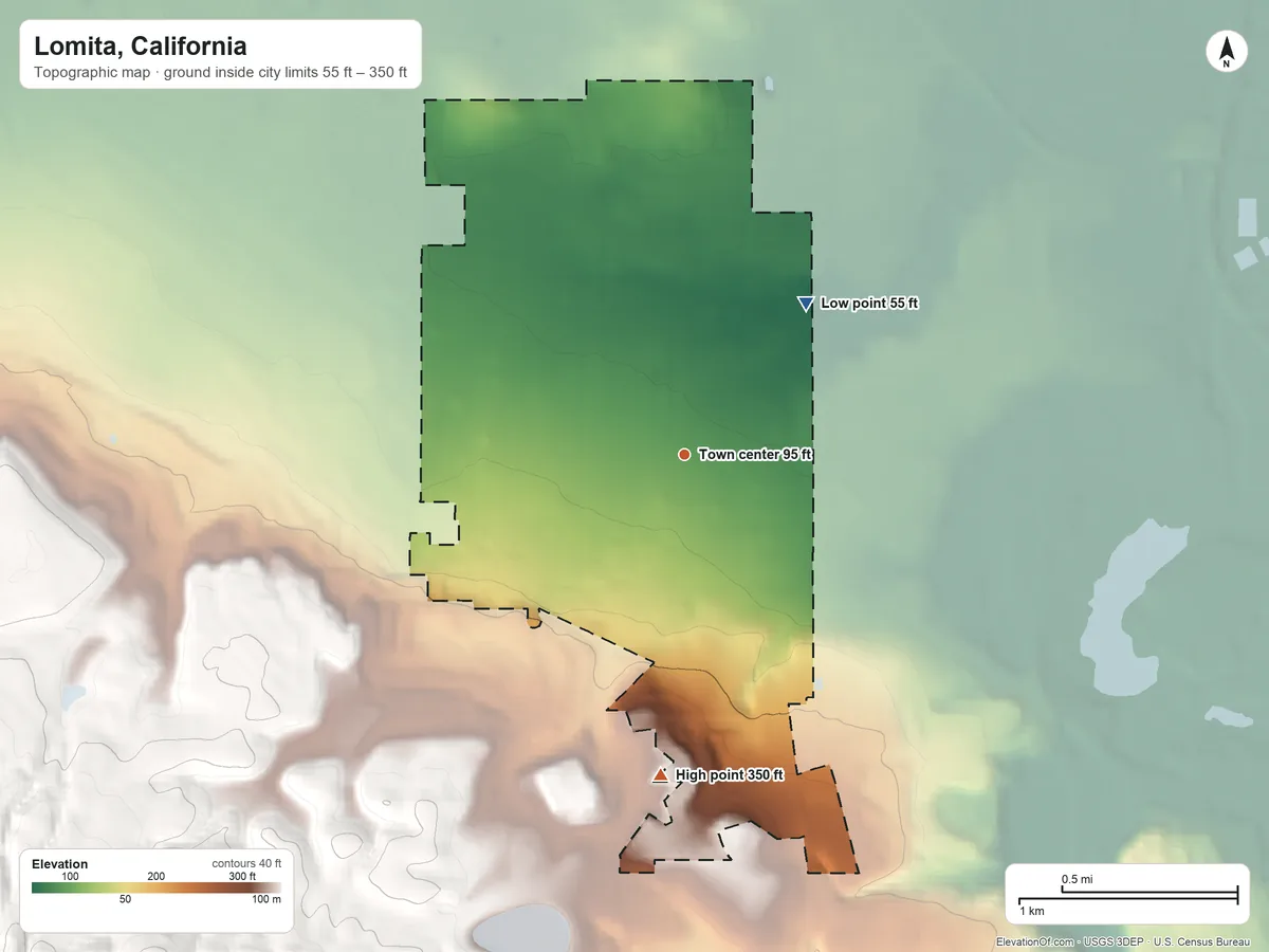 Topographic elevation map of Lomita, California, shaded from 55 ft on the northeast side to 350 ft at the foot of the Palos Verdes Hills