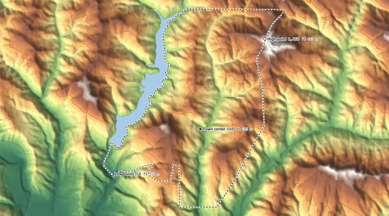 Topographic elevation map of Lompico, California, shaded from 370 ft on the southwest side to 1,460 ft on the northeast side