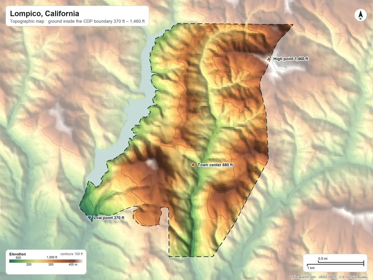 Topographic elevation map of Lompico, California, shaded from 370 ft on the southwest side to 1,460 ft on the northeast side