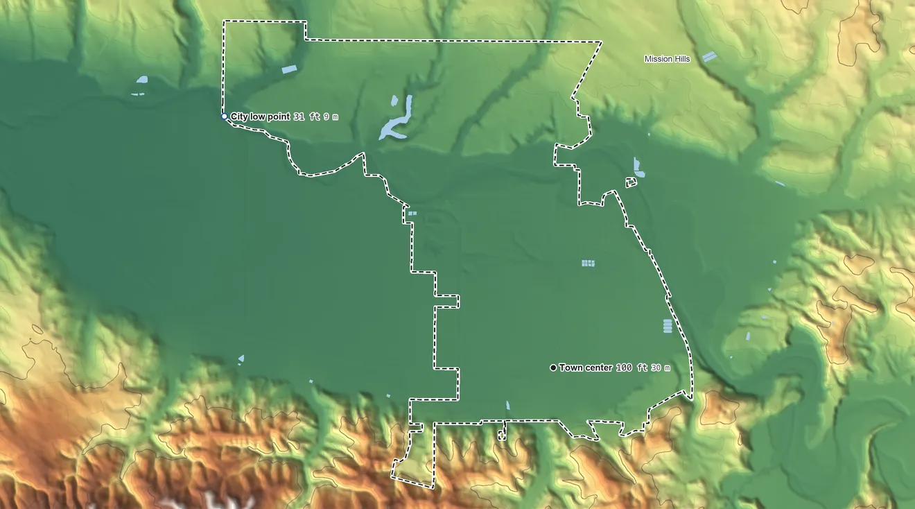 Topographic elevation map of Lompoc, California, shaded from 31 ft on the northwest side to 1,230 ft at the foot of the Lompoc Hills