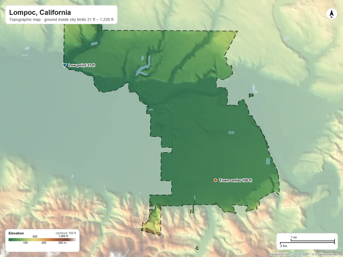 Topographic elevation map of Lompoc, California, shaded from 31 ft on the northwest side to 1,230 ft at the foot of the Lompoc Hills