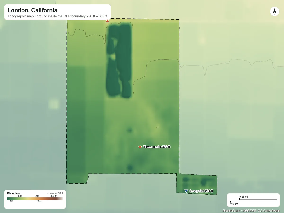 Topographic elevation map of London, California, shaded from 290 ft on the southeast side to 300 ft on the north side