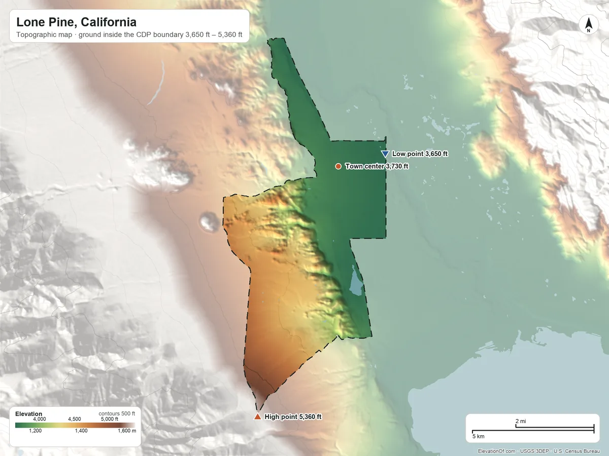 Topographic elevation map of Lone Pine, California, shaded from 3,650 ft on the east side to 5,360 ft at the foot of the Alabama Hills
