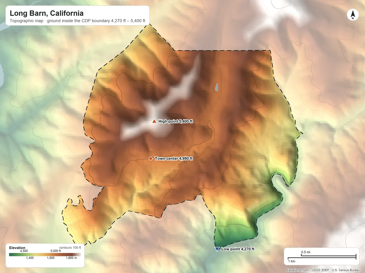 Topographic elevation map of Long Barn, California, shaded from 4,270 ft on the southeast side to 5,400 ft on the north side