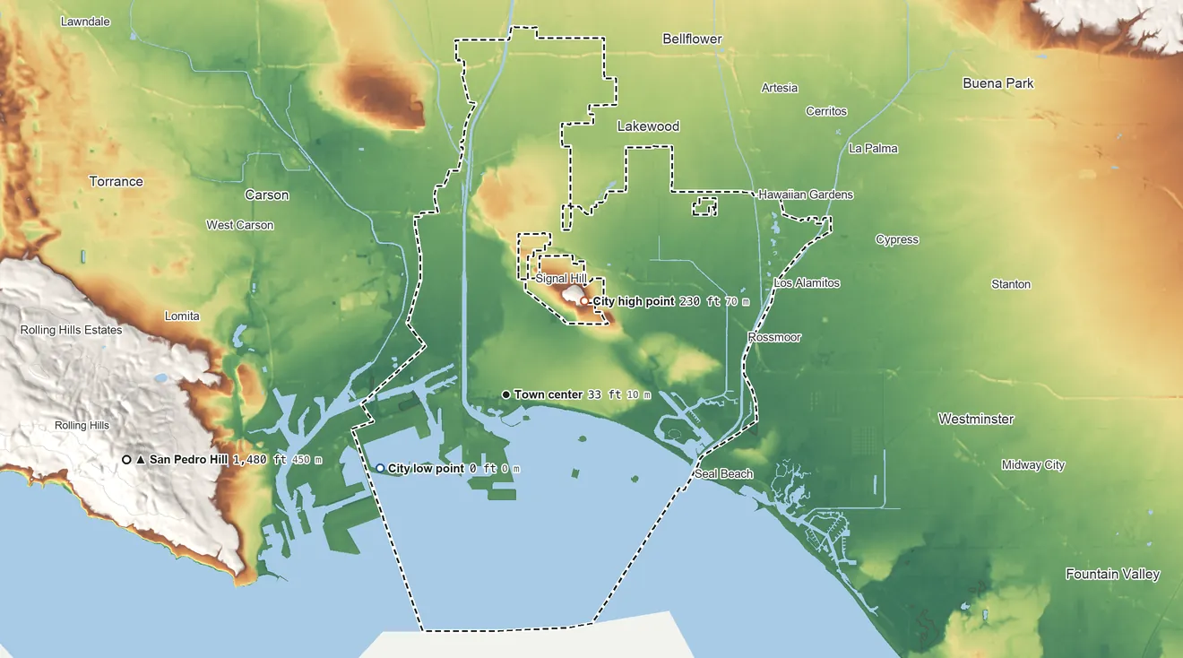 Topographic elevation map of Long Beach, California, shaded from sea level level on San Pedro Bay to 230 ft on the northeast side
