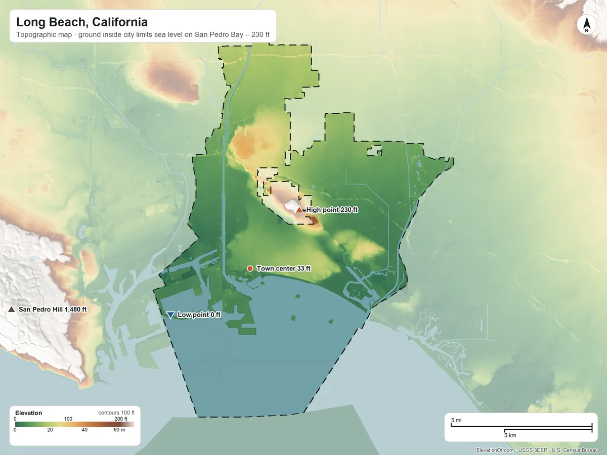 Topographic elevation map of Long Beach, California, shaded from sea level level on San Pedro Bay to 230 ft on the northeast side