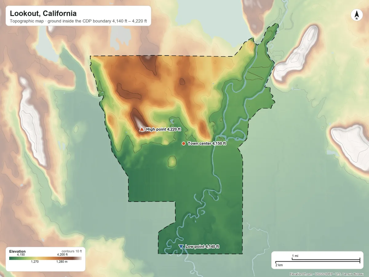 Topographic elevation map of Lookout, California, shaded from 4,140 ft on the south side to 4,220 ft on the west side