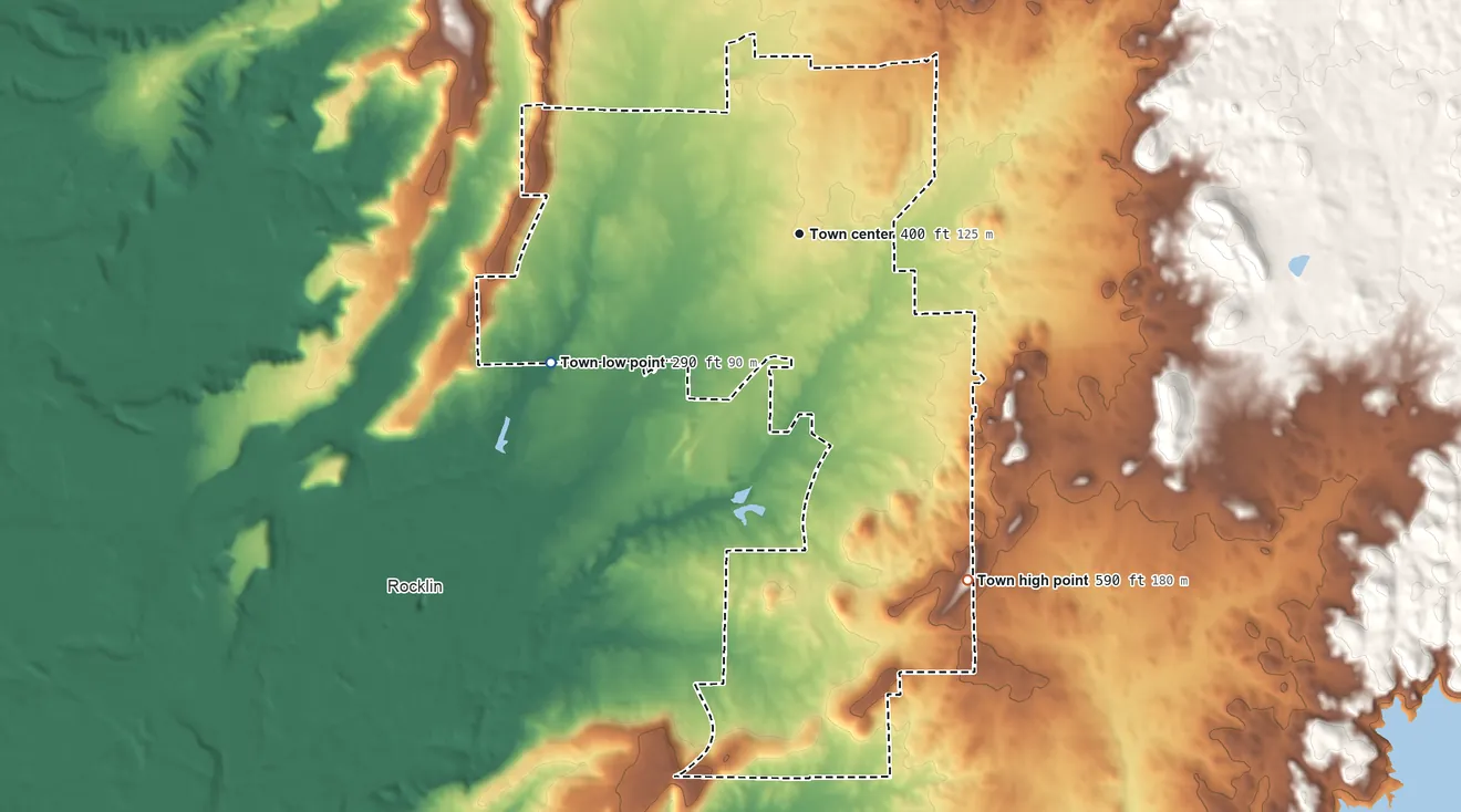 Topographic elevation map of Loomis, California, shaded from 290 ft on the southwest side to 590 ft on the southeast side