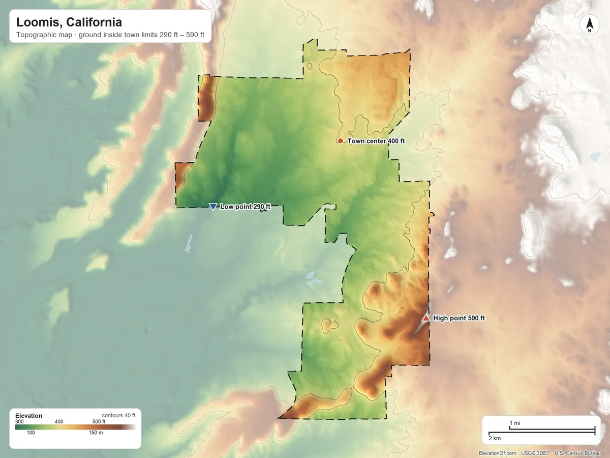 Topographic elevation map of Loomis, California, shaded from 290 ft on the southwest side to 590 ft on the southeast side