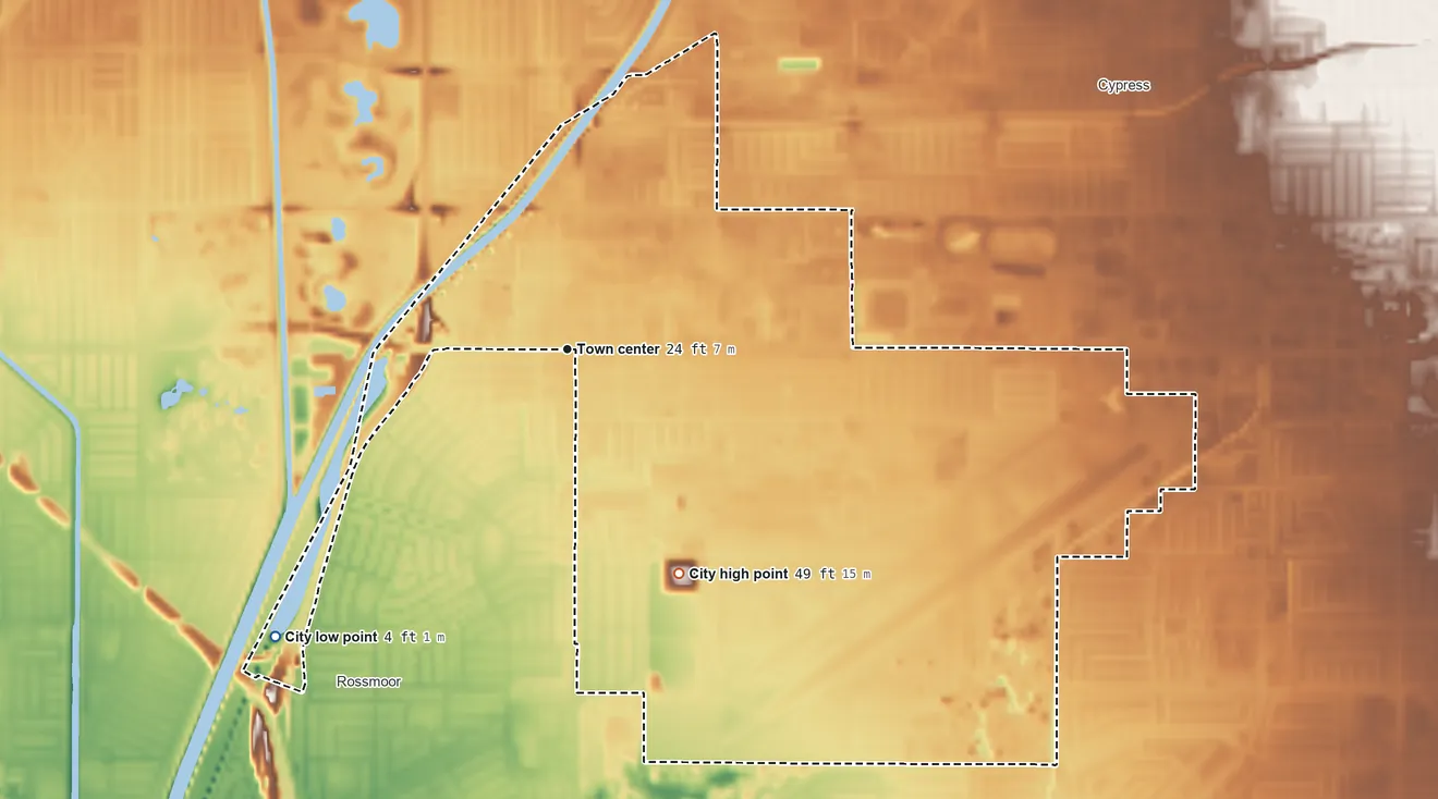 Topographic elevation map of Los Alamitos, California, shaded from 4 ft on the southwest side to 49 ft on the southeast side