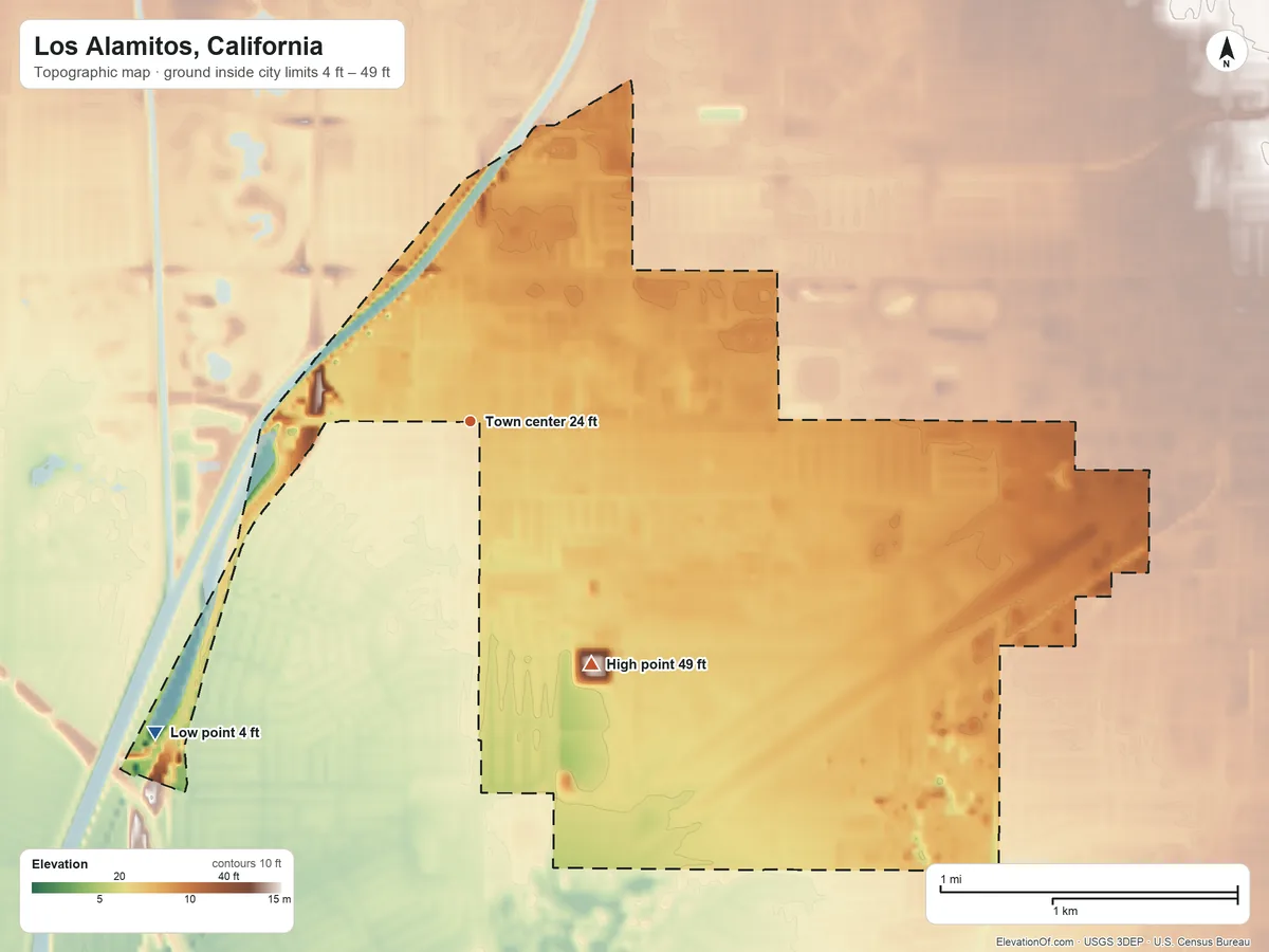 Topographic elevation map of Los Alamitos, California, shaded from 4 ft on the southwest side to 49 ft on the southeast side