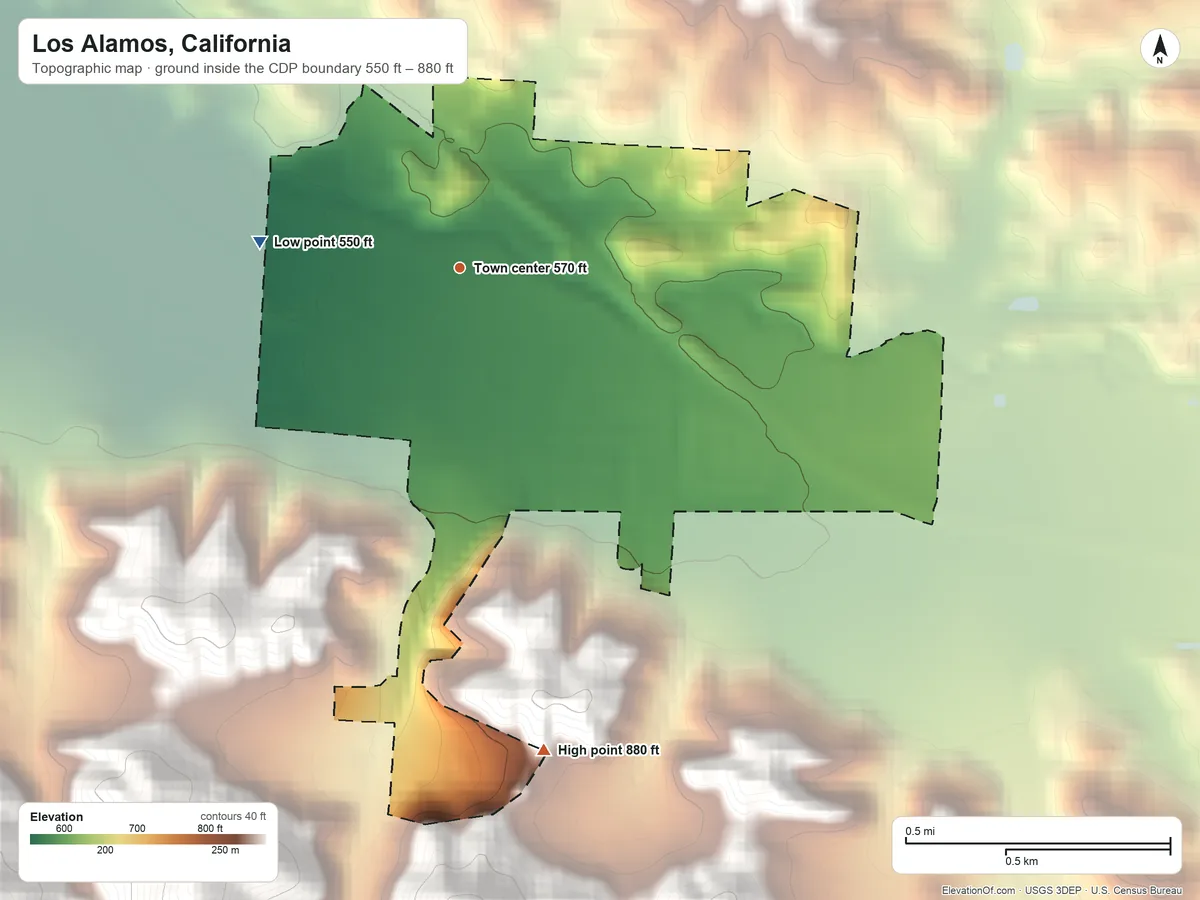 Topographic elevation map of Los Alamos, California, shaded from 550 ft on the west side to 880 ft at the foot of the Purisima Hills
