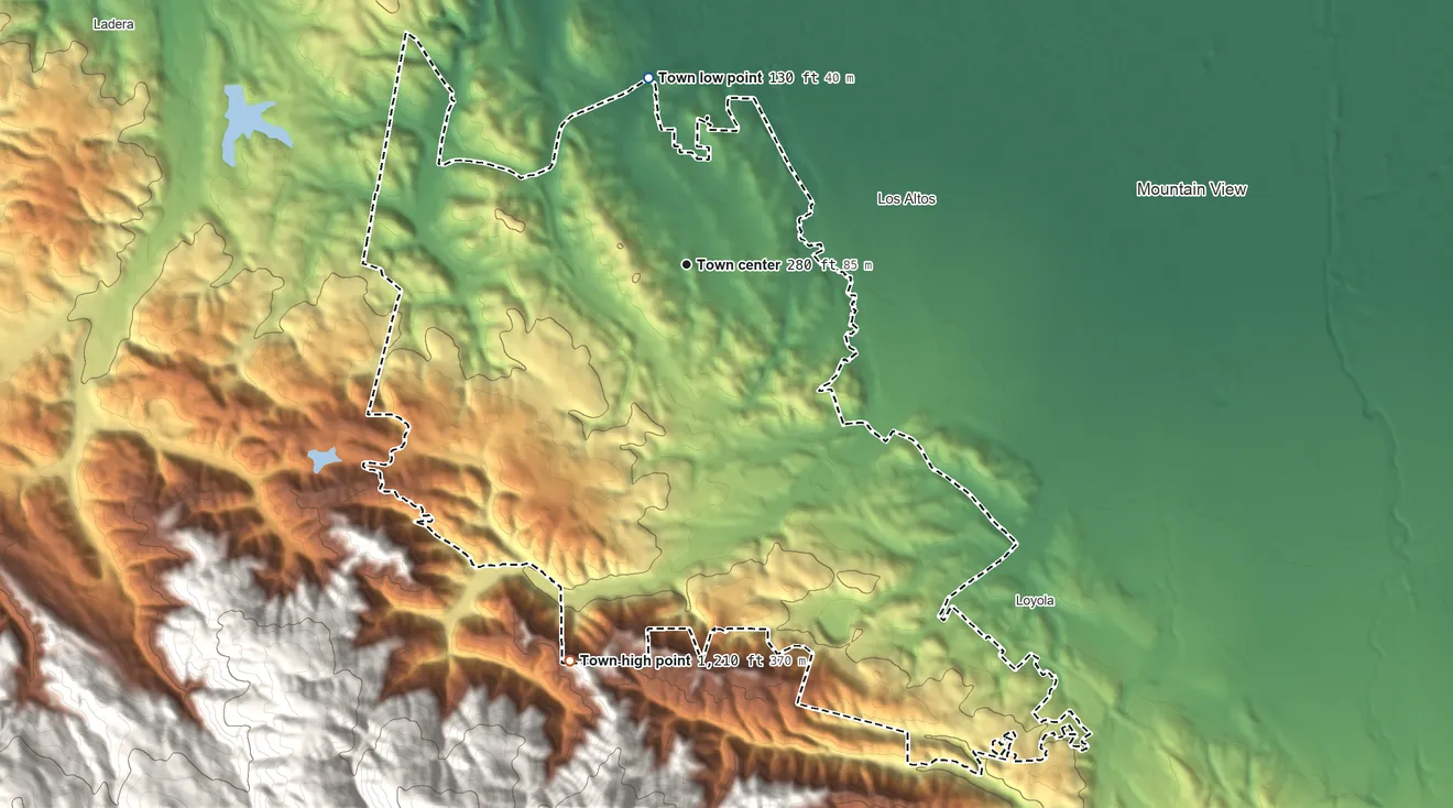 Topographic elevation map of Los Altos Hills, California, shaded from 130 ft on the north side to 1,210 ft on the south edge, below higher ground just outside