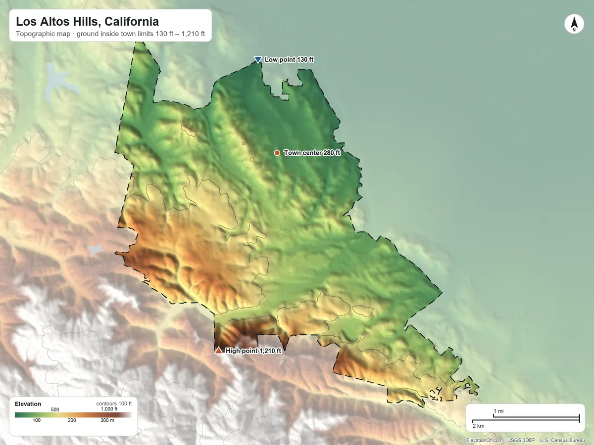 Topographic elevation map of Los Altos Hills, California, shaded from 130 ft on the north side to 1,210 ft on the south edge, below higher ground just outside