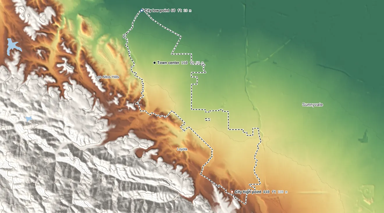 Topographic elevation map of Los Altos, California, shaded from 60 ft on the north side to 440 ft at the foot of the Santa Cruz Mountains