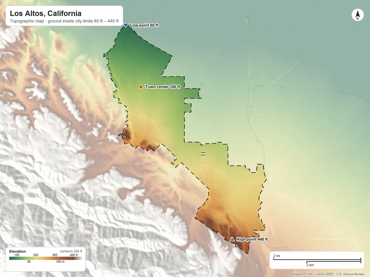 Topographic elevation map of Los Altos, California, shaded from 60 ft on the north side to 440 ft at the foot of the Santa Cruz Mountains