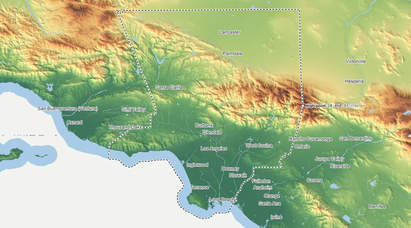 Topographic elevation map of Los Angeles County, California, shaded from sea level on the Pacific Ocean to 10,060 ft on Mount San Antonio