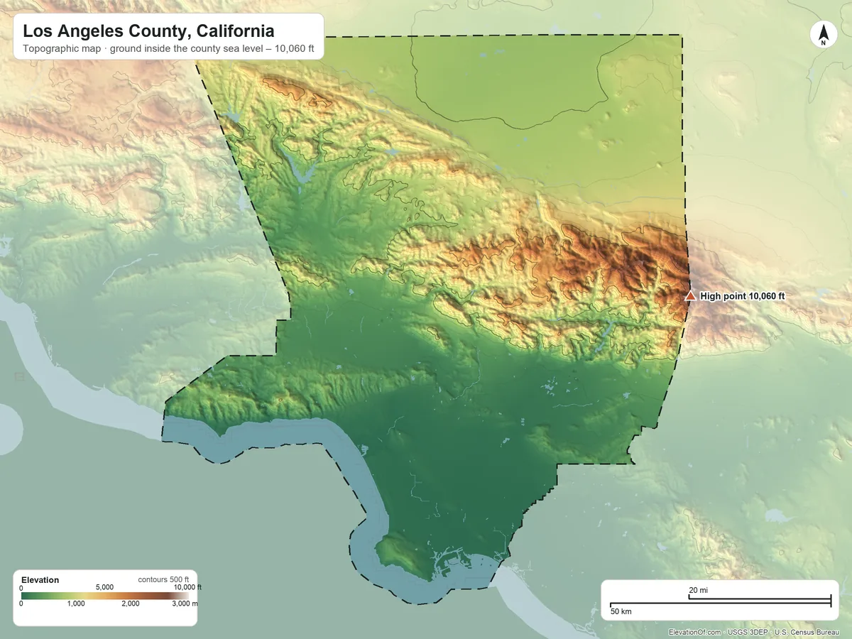 Topographic elevation map of Los Angeles County, California, shaded from sea level on the Pacific Ocean to 10,060 ft on Mount San Antonio