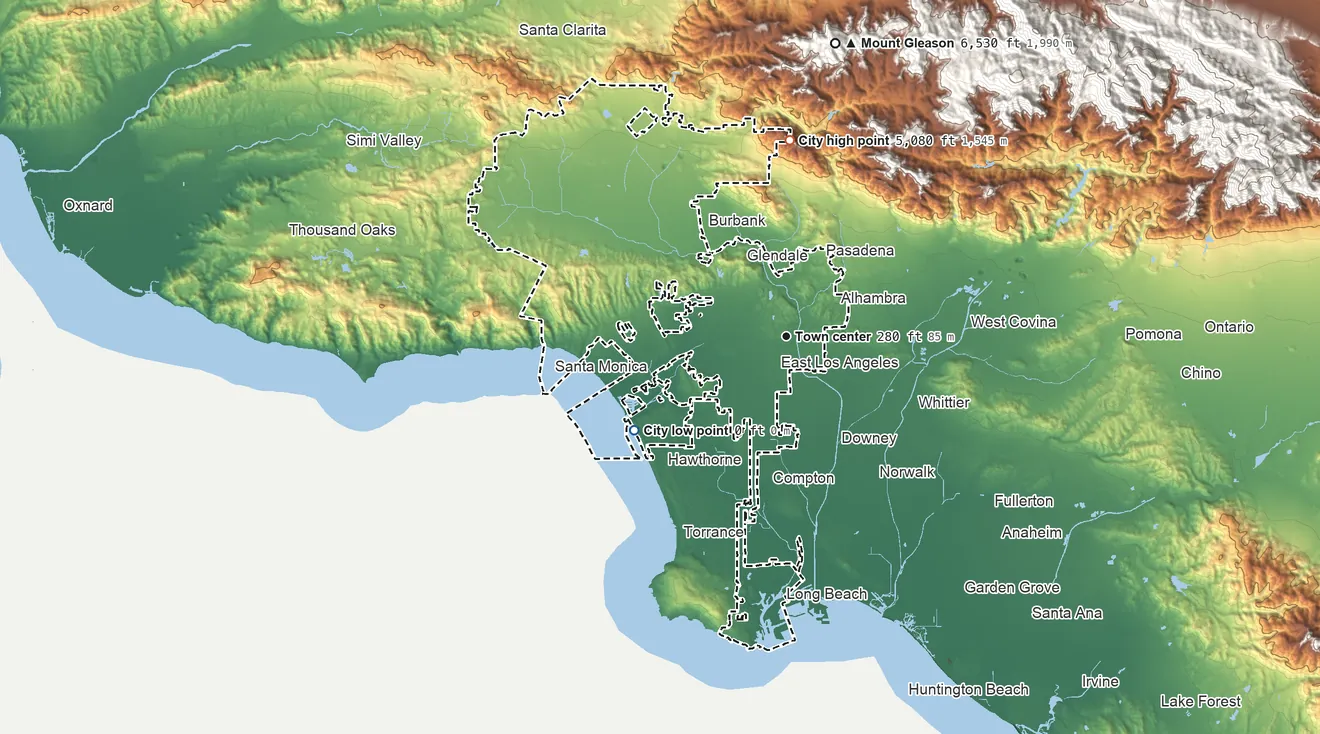 Topographic elevation map of Los Angeles, California, shaded from sea level level on the Pacific Ocean to 5,076 ft on Mount Lukens