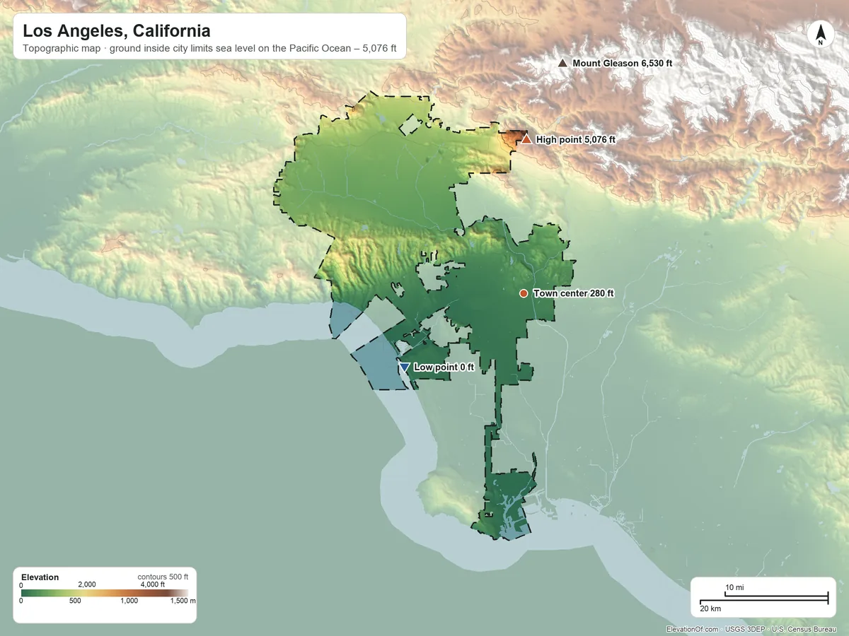 Topographic elevation map of Los Angeles, California, shaded from sea level level on the Pacific Ocean to 5,076 ft on Mount Lukens