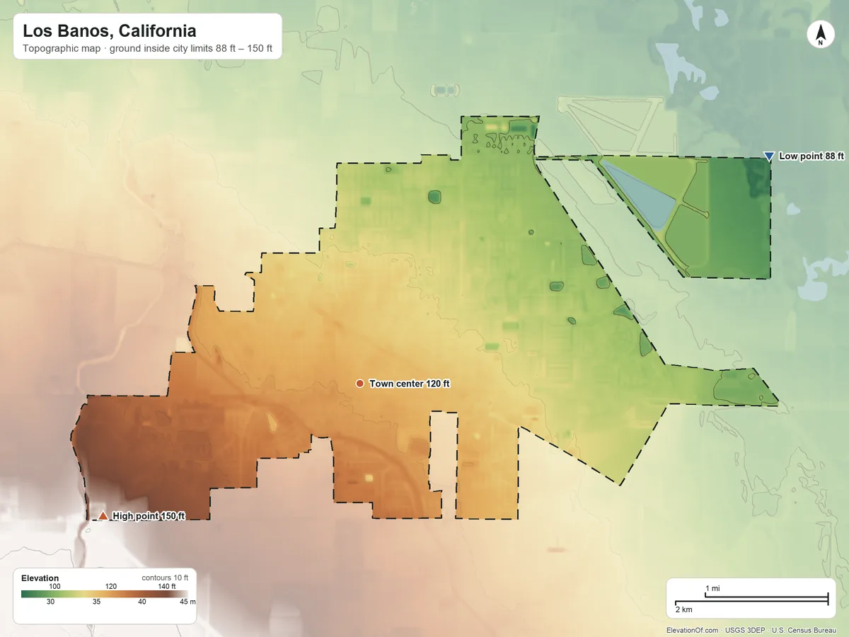 Topographic elevation map of Los Banos, California, shaded from 88 ft on the northeast side to 150 ft on the southwest side