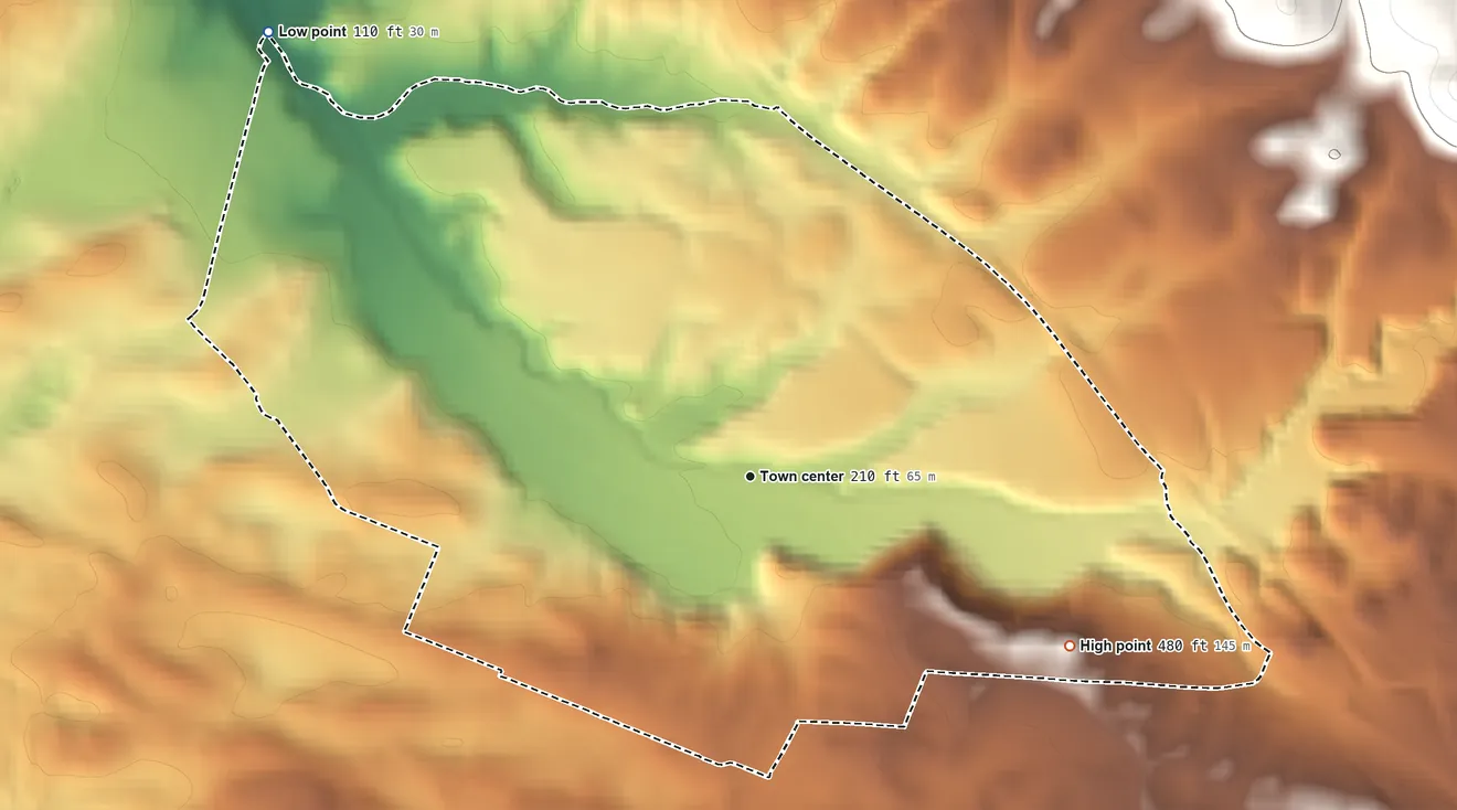 Topographic elevation map of Los Berros, California, shaded from 110 ft on the northwest side to 480 ft on the southeast side