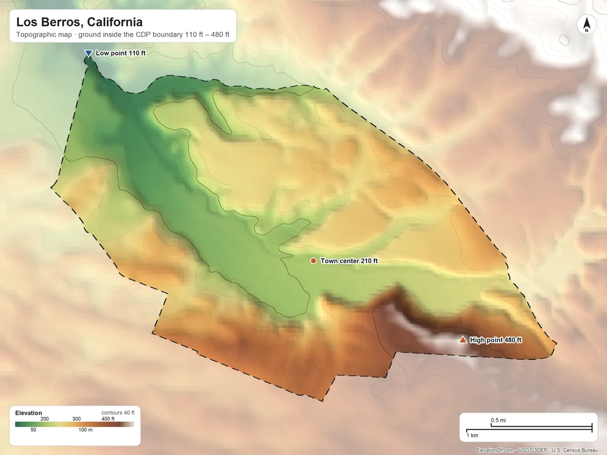 Topographic elevation map of Los Berros, California, shaded from 110 ft on the northwest side to 480 ft on the southeast side